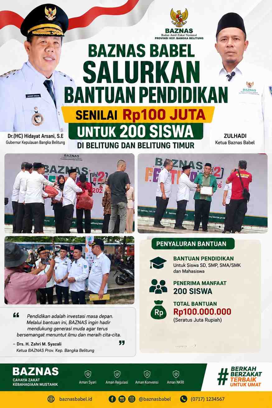 BAZNAS Babel Salurkan Bantuan Pendidikan Senilai Rp100 Juta