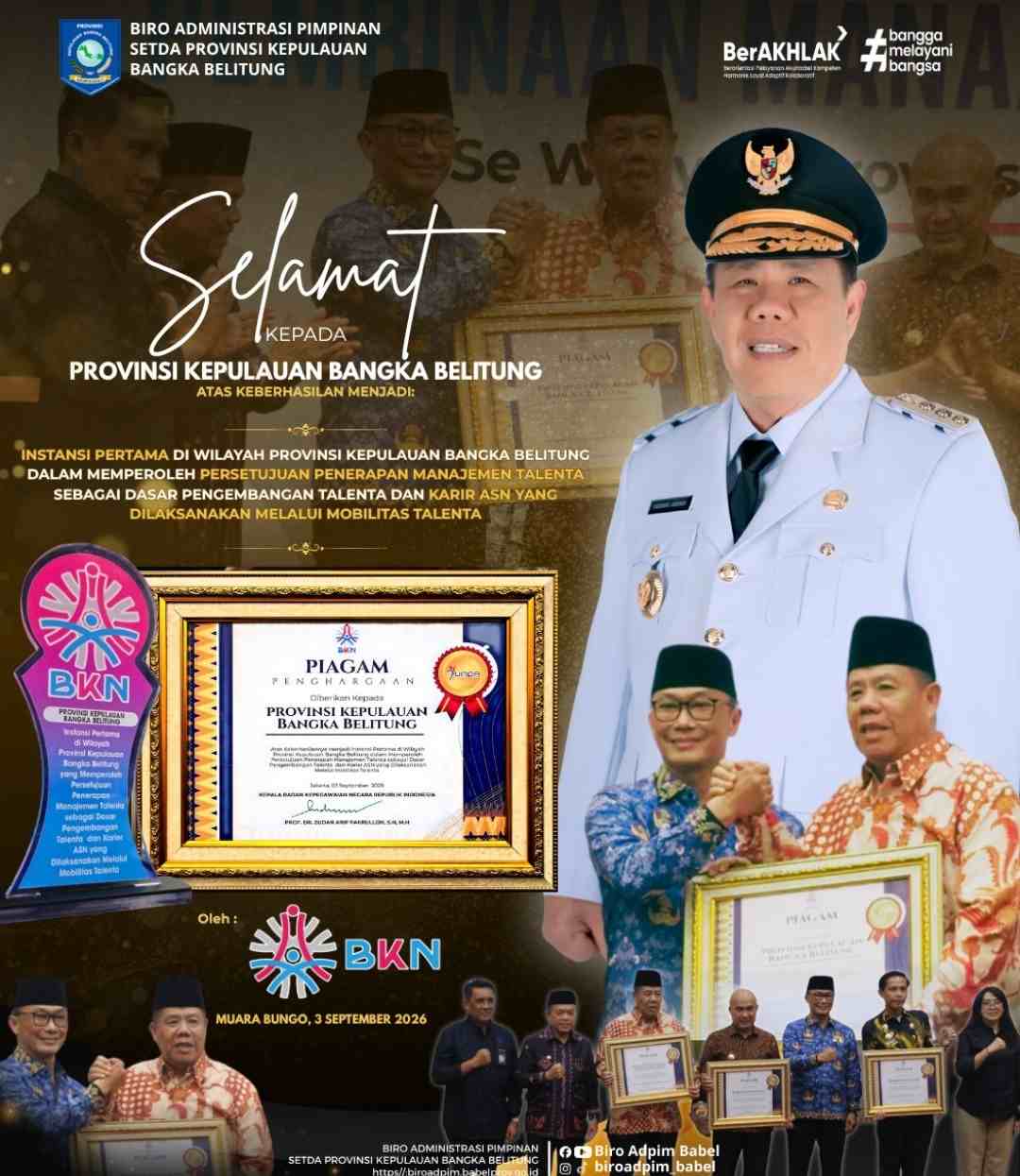 Gubernur Hidayat Arsani Bawa Pemprov Babel Raih Penghargaan Manajemen Talenta BKN